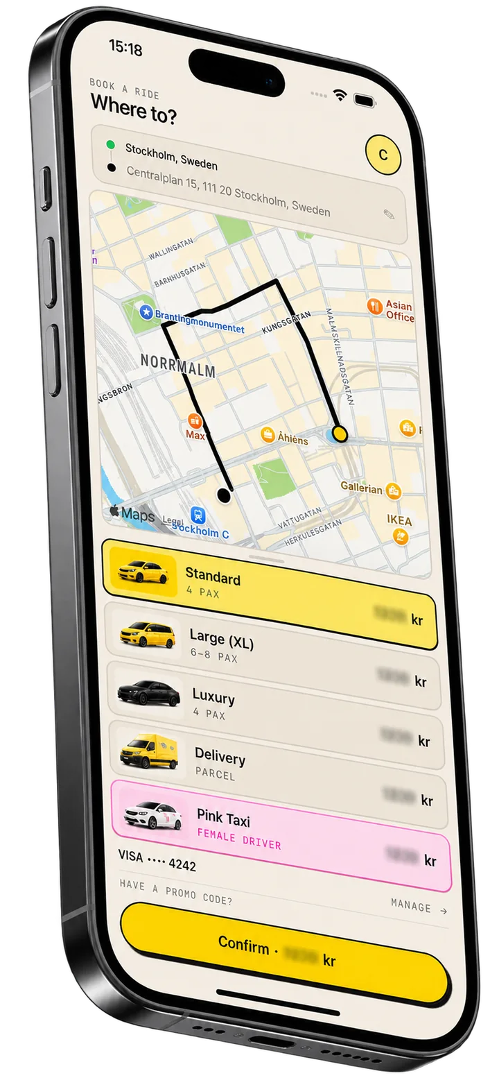 Bra Taxi-appen: bokningsvy med karta och bilval